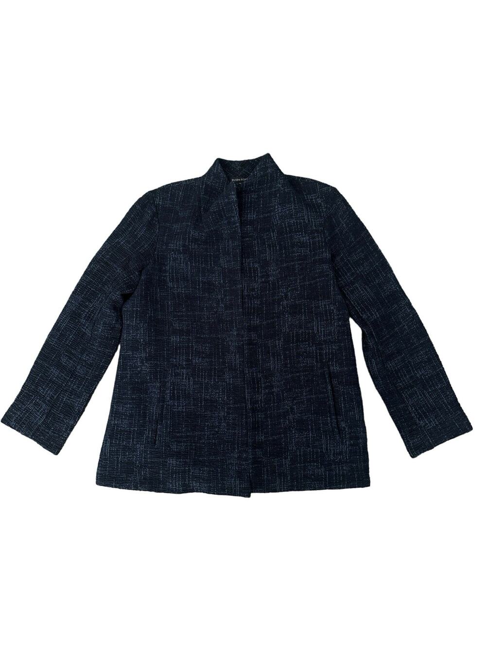 Eileen Fisher Crosshatch Cotton Stretch Navy Jacket Blazer Open Front Size Small